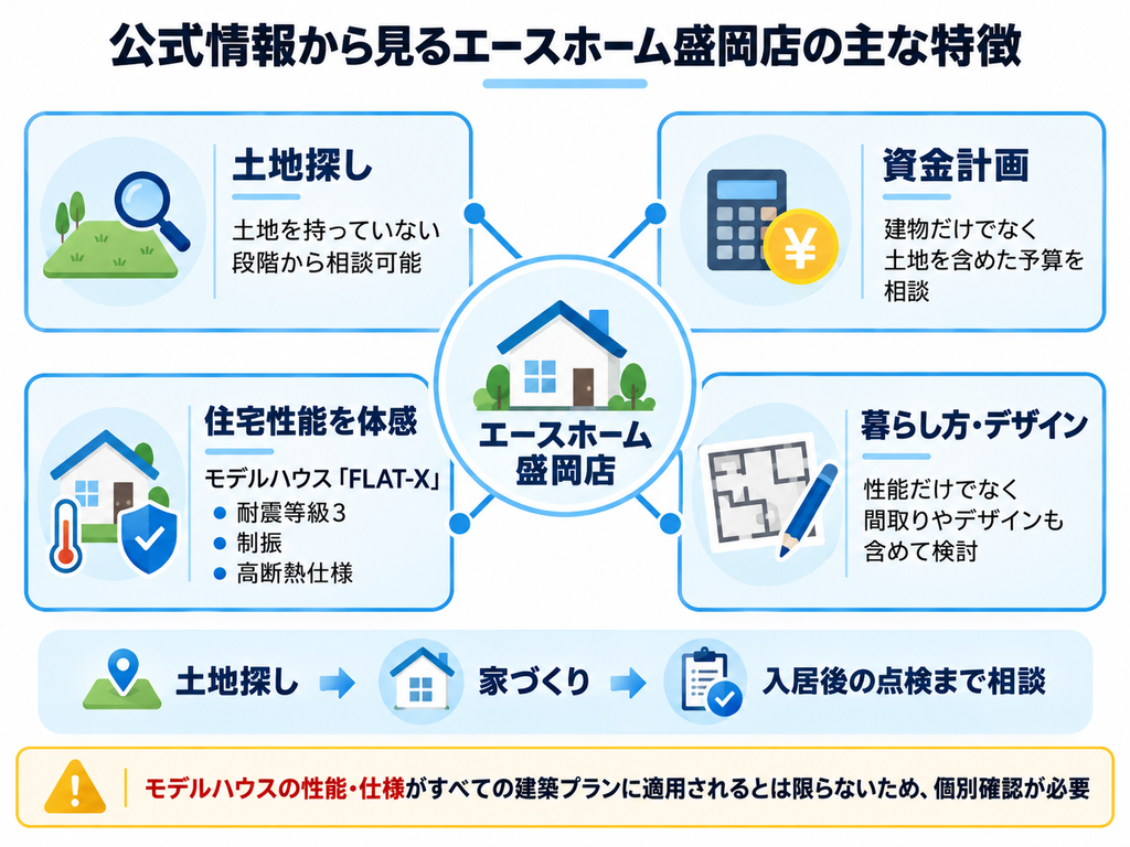 公式情報から分かるエースホーム盛岡店の主な特徴をまとめた概念図