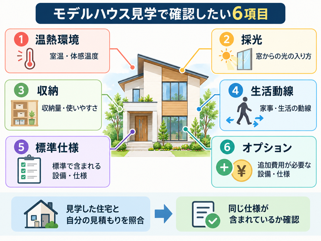 モデルハウス見学で確認したい6項目をまとめたチェックリスト型図解