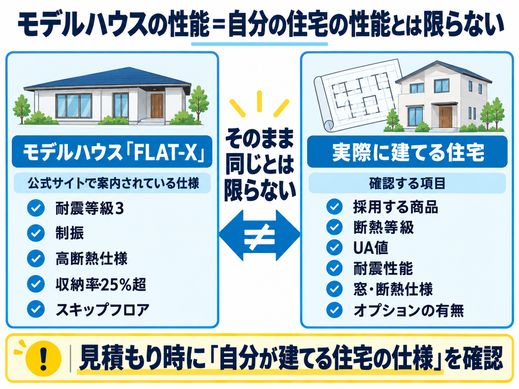 モデルハウス「FLAT-X」と実際に建てる住宅の違いを比較した図