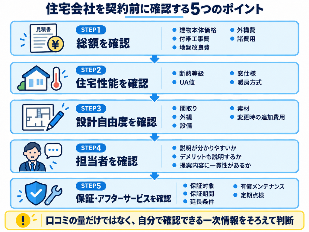 住宅会社を契約前に確認する5つのポイントをまとめたステップ図
