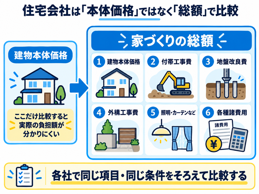 住宅会社の見積もりは本体価格ではなく総額で比較することを示した概念図