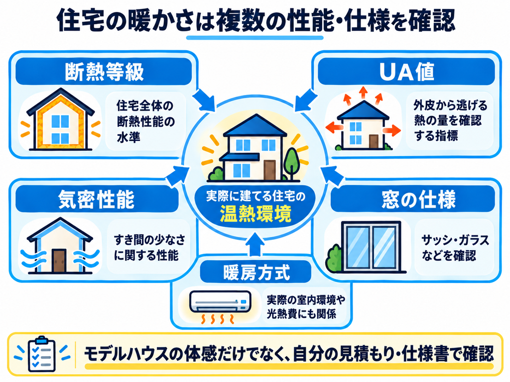 住宅の暖かさに関わる5つの性能・仕様を示した相関図