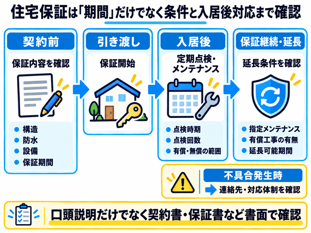 住宅保証で確認すべき内容を契約前から保証継続・延長まで時系列で示した図